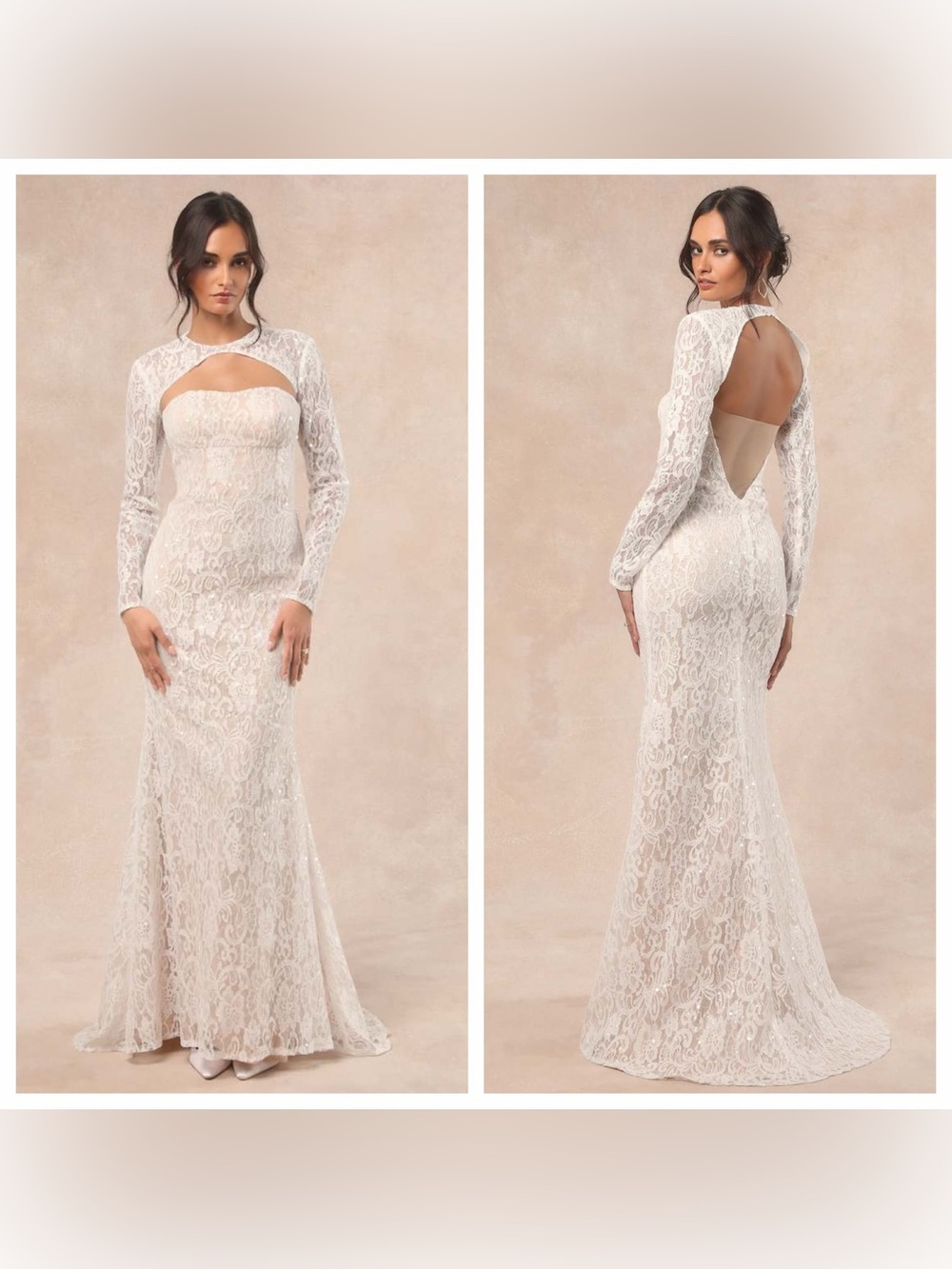 Lulu's Neska White and Beige Lace Maxi Dress and Shrug Set - Picture 1 of 7